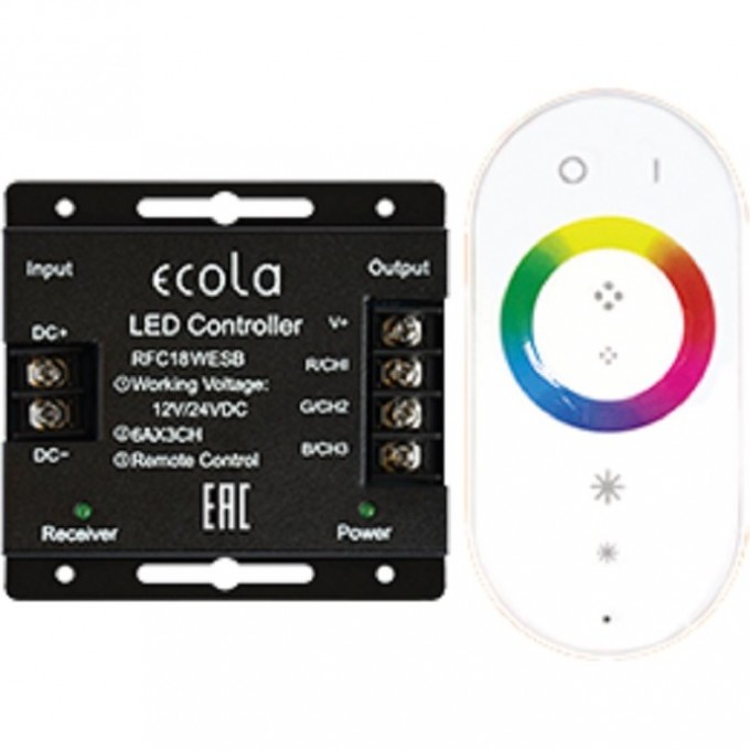 Контроллер ECOLA LED strip RGB RF controller 18A 216W 12V (432W 24V) с кольцевым сенсорным белым радиопультом RFC18WESB